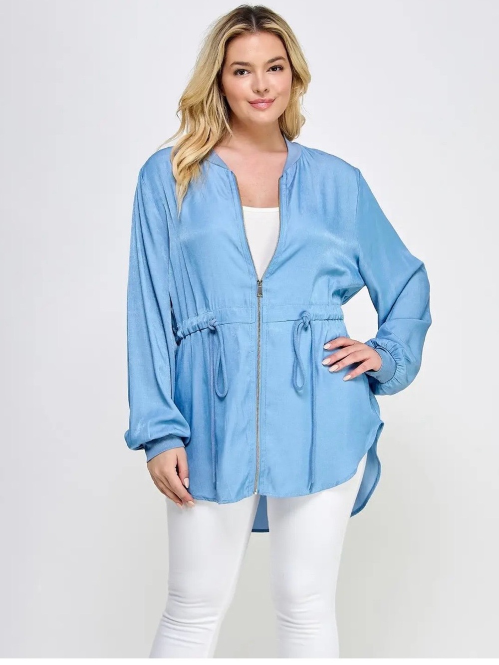 Plus Size -Light Blue Drawstring Zip-Front Women's Jacket- New -Boutique